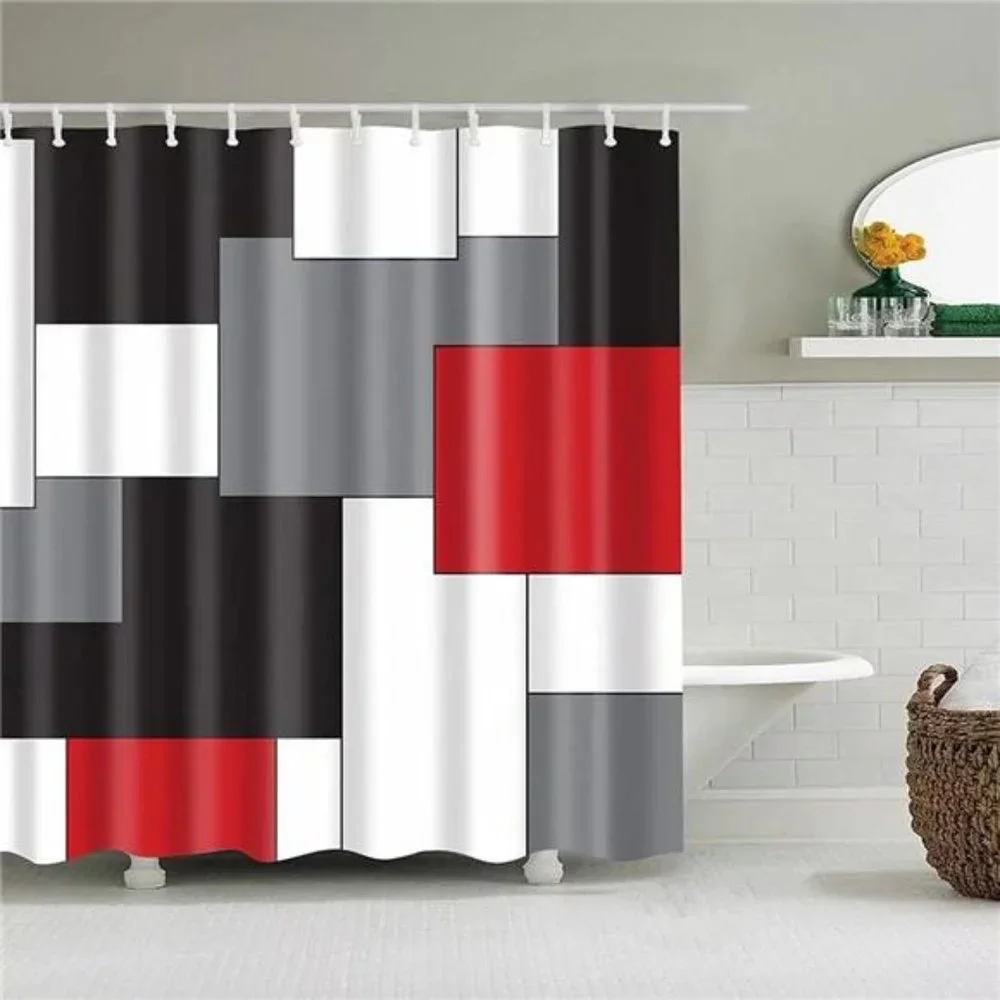 Geometric Red Shower Curtain Sets with Non-Slip Rugs,Toilet Lid Cover & Bath Mat
